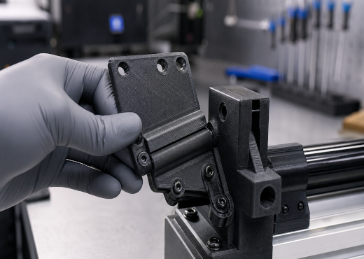 Mão com luva a testar uma peça articulada impressa em 3D