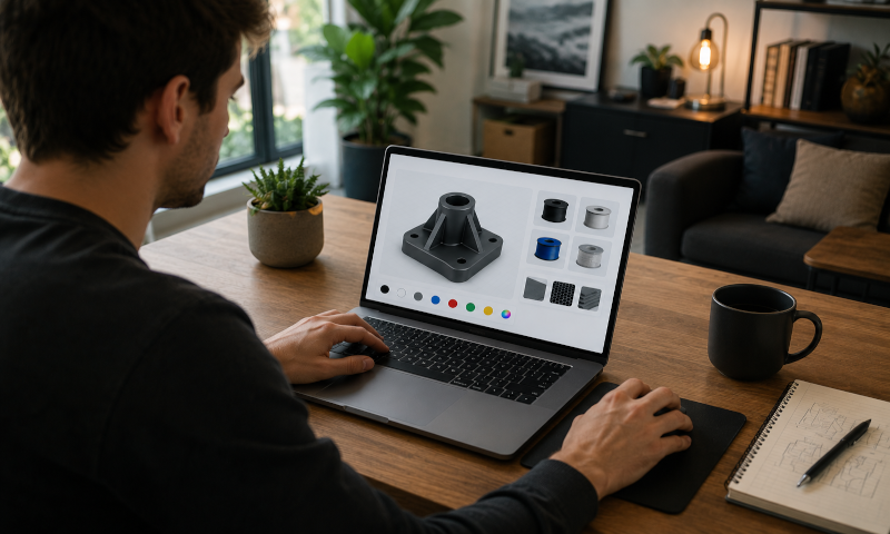 Pessoa a escolher a cor e o material para impressão 3D num portátil